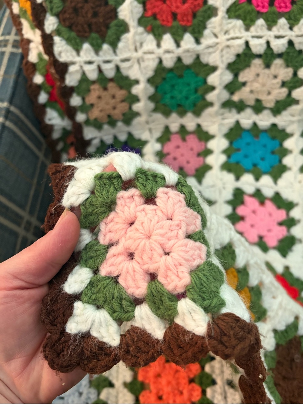 Beautiful Handmade Grandma Square Quilt, Multicolor w/ Chocolate Boarder - Picture 4 of 5